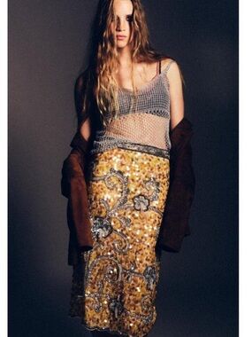 Zara Yellow and Silver Sequin Midi Skirt